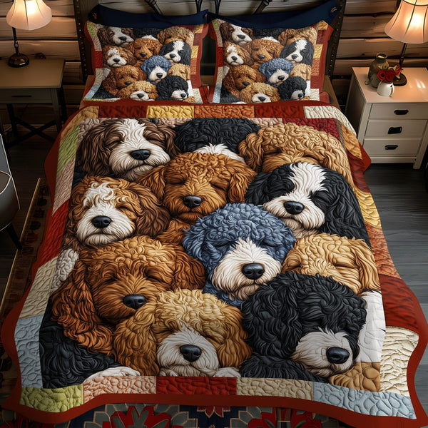 Love Doodles quilted 3-piece bedding set on a made bed with two matching pillow shams