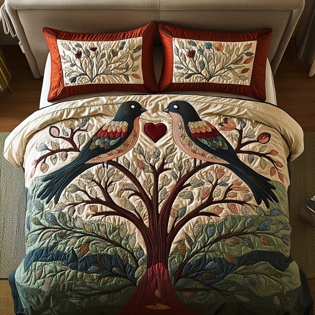 Love Harmony quilted 3-piece bedding set on a made bed with two matching pillow shams