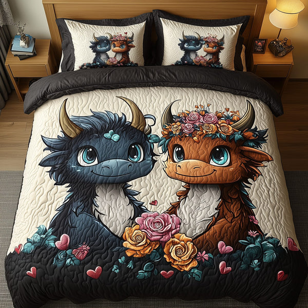 Love in a Tub quilted 3-piece bedding set on a made bed with two matching pillow shams