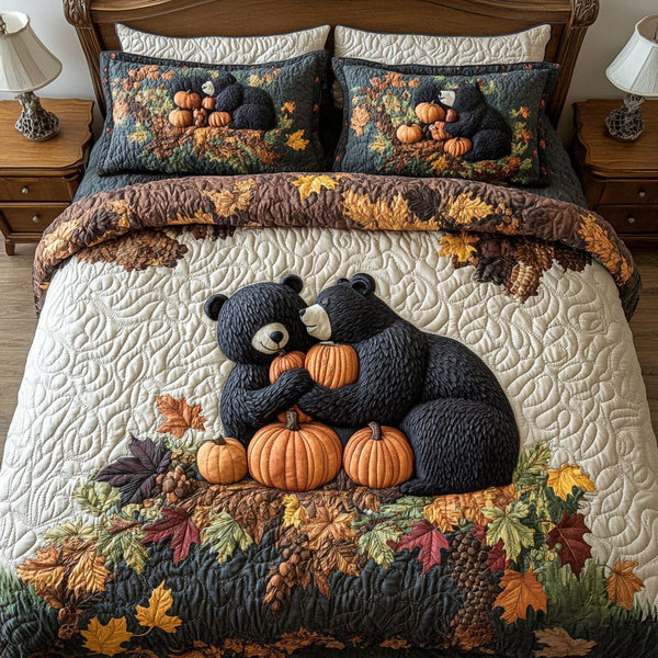 Love in Autumn Splendor quilted 3-piece bedding set on a made bed with two matching pillow shams