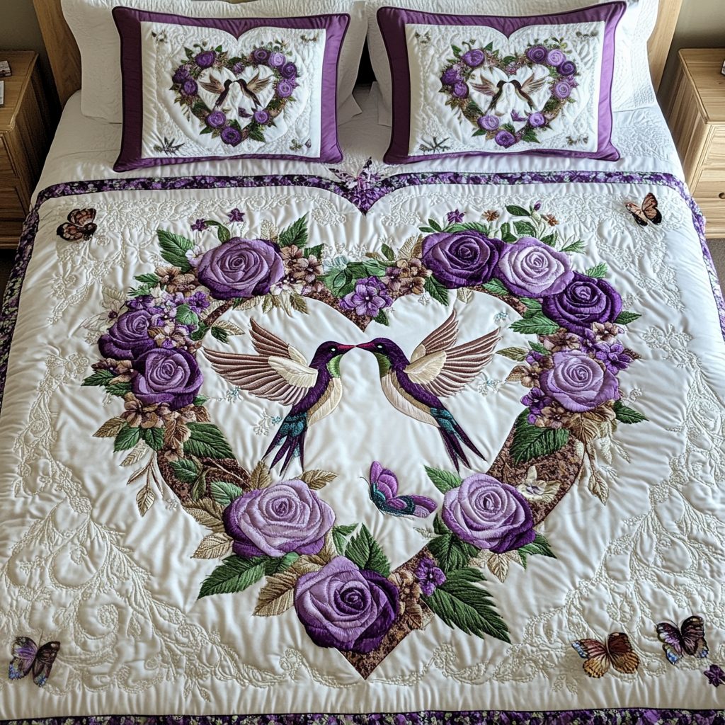 Love in Flight quilted 3-piece bedding set on a made bed with two matching pillow shams