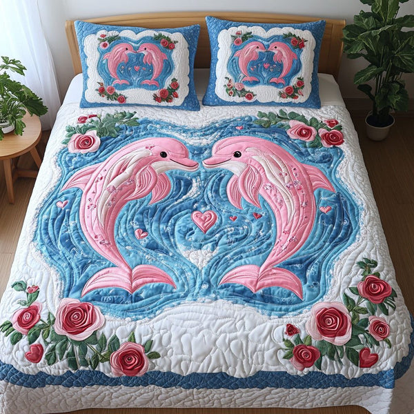 Love in the Current quilted 3-piece bedding set on a made bed with two matching pillow shams