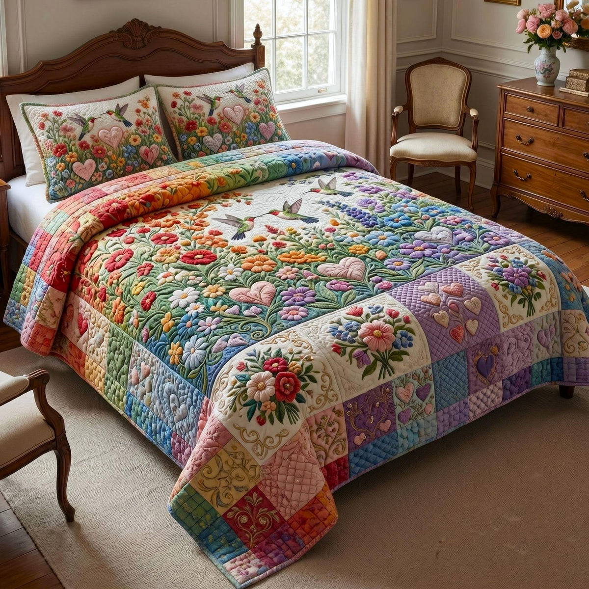Love is Love quilted 3-piece bedding set on a made bed with two matching pillow shams