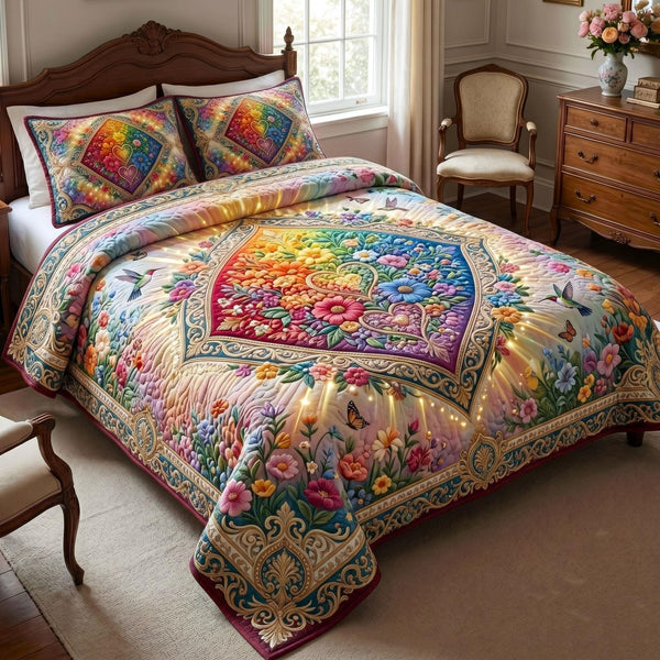 Love is Pride quilted 3-piece bedding set on a made bed with two matching pillow shams