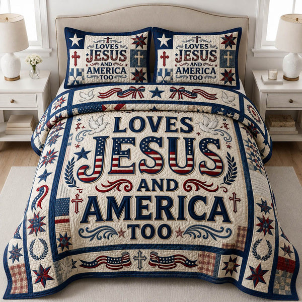 Love Jesus And America quilted 3-piece bedding set on a made bed in a warmly lit bedroom