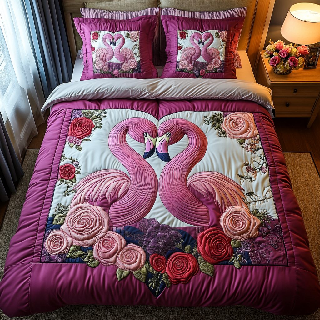 Love Lagoon quilted 3-piece bedding set on a made bed in a light coastal bedroom