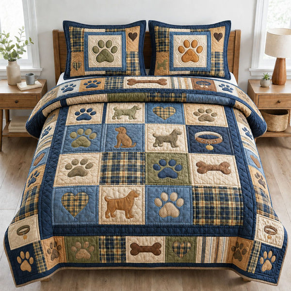 Love Paws quilted 3-piece bedding set on a made bed with two matching pillow shams