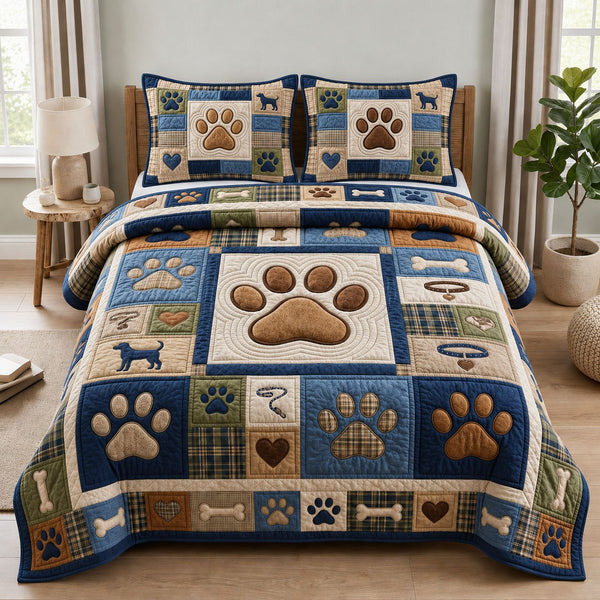 Love Paws quilted 3-piece bedding set on a made bed with two matching pillow shams