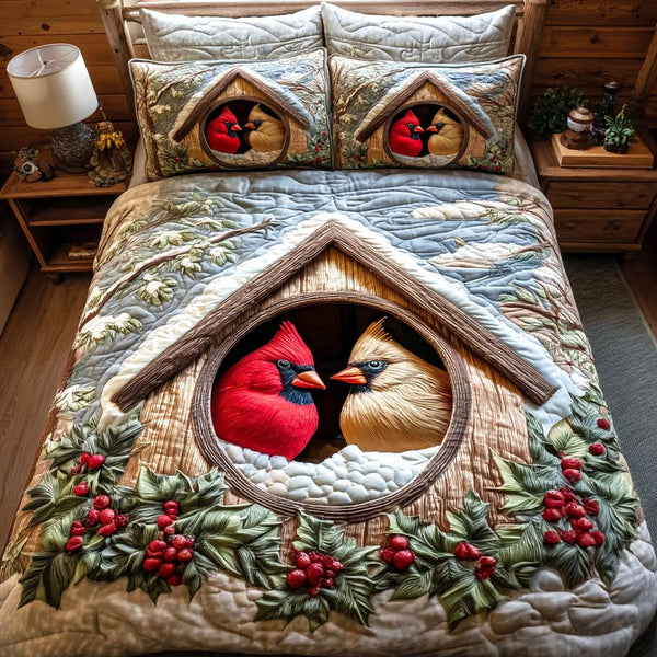 Love Perch quilted 3-piece bedding set on a made bed with two matching pillow shams
