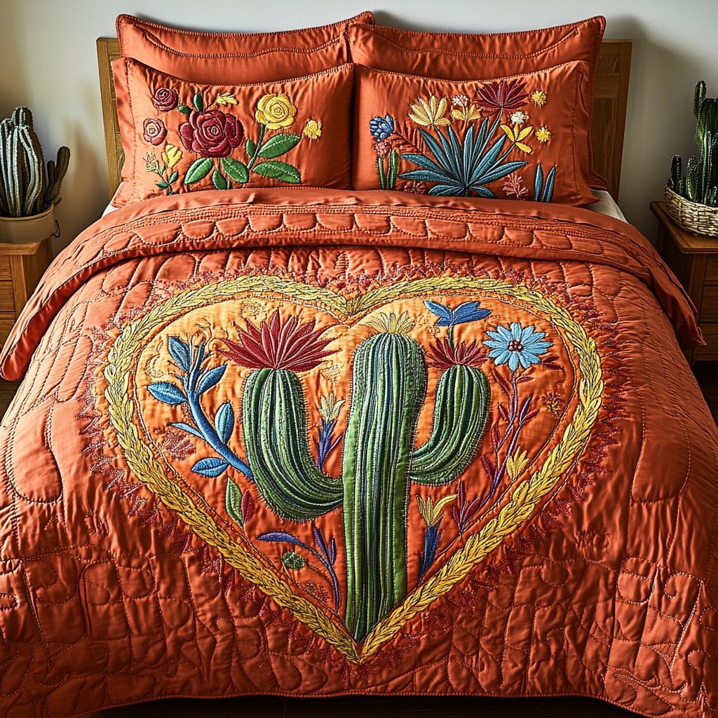 Love Succulent quilted 3-piece bedding set on a made bed with two matching pillow shams