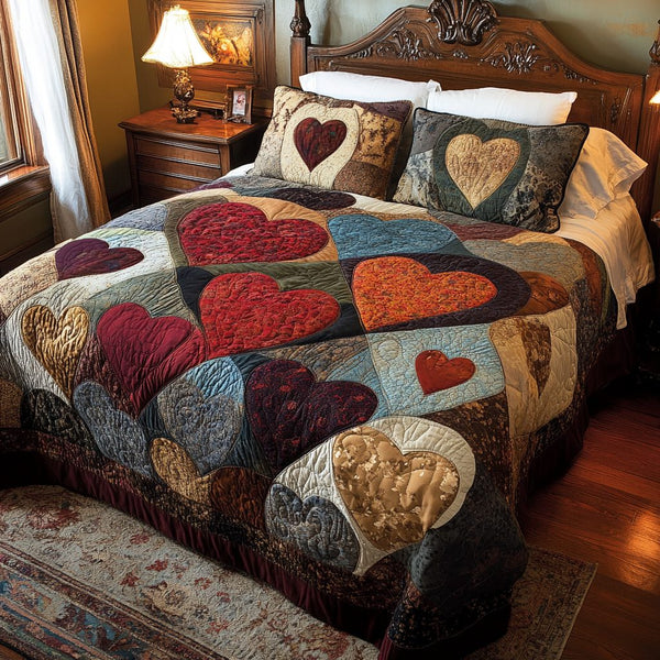 Love Tides quilted 3-piece bedding set on a made bed with two matching pillow shams