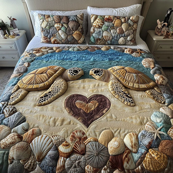 Love Under the Shell quilted 3-piece bedding set on a made bed in a light coastal bedroom