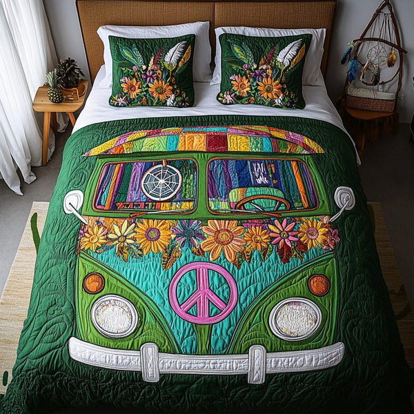 Love Van quilted 3-piece bedding set on a made bed with two matching pillow shams