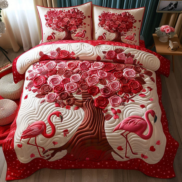 Lovebird Haven quilted 3-piece bedding set on a made bed with two matching pillow shams