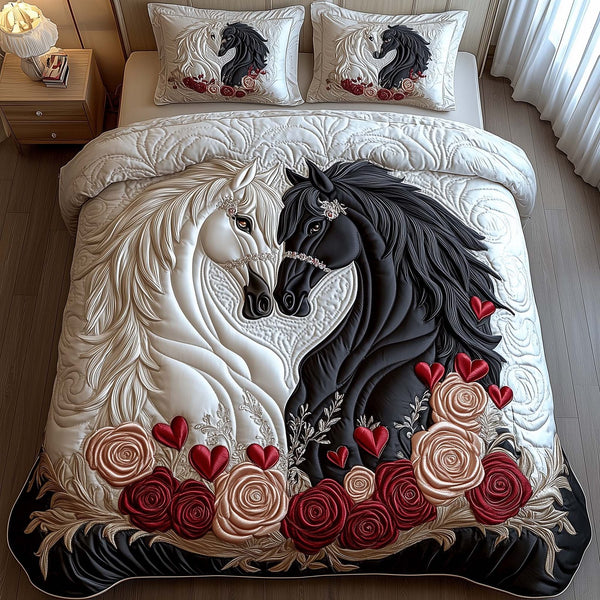 Lovebound Hearts quilted 3-piece bedding set on a made bed with two matching pillow shams