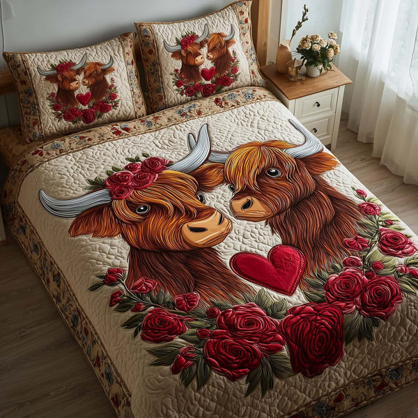 Lovebound Hearts quilted 3-piece bedding set on a made bed with two matching pillow shams