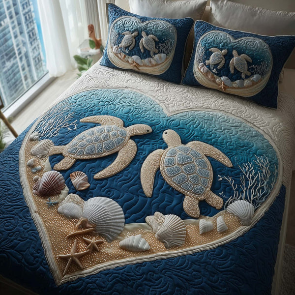 Lovebound Hearts quilted 3-piece bedding set on a made bed with two matching pillow shams