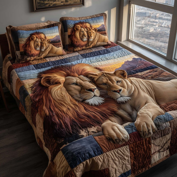 Lovebound Hearts quilted 3-piece bedding set on a made bed with two matching pillow shams