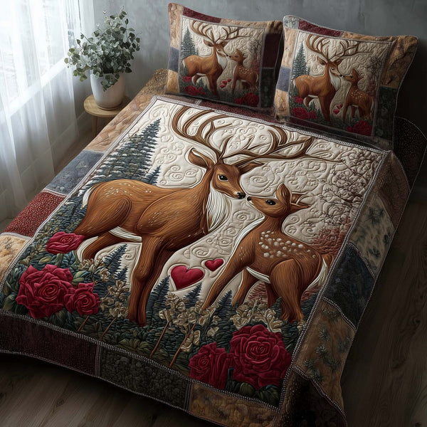 Lovebound Hearts quilted 3-piece bedding set on a made bed with two matching pillow shams