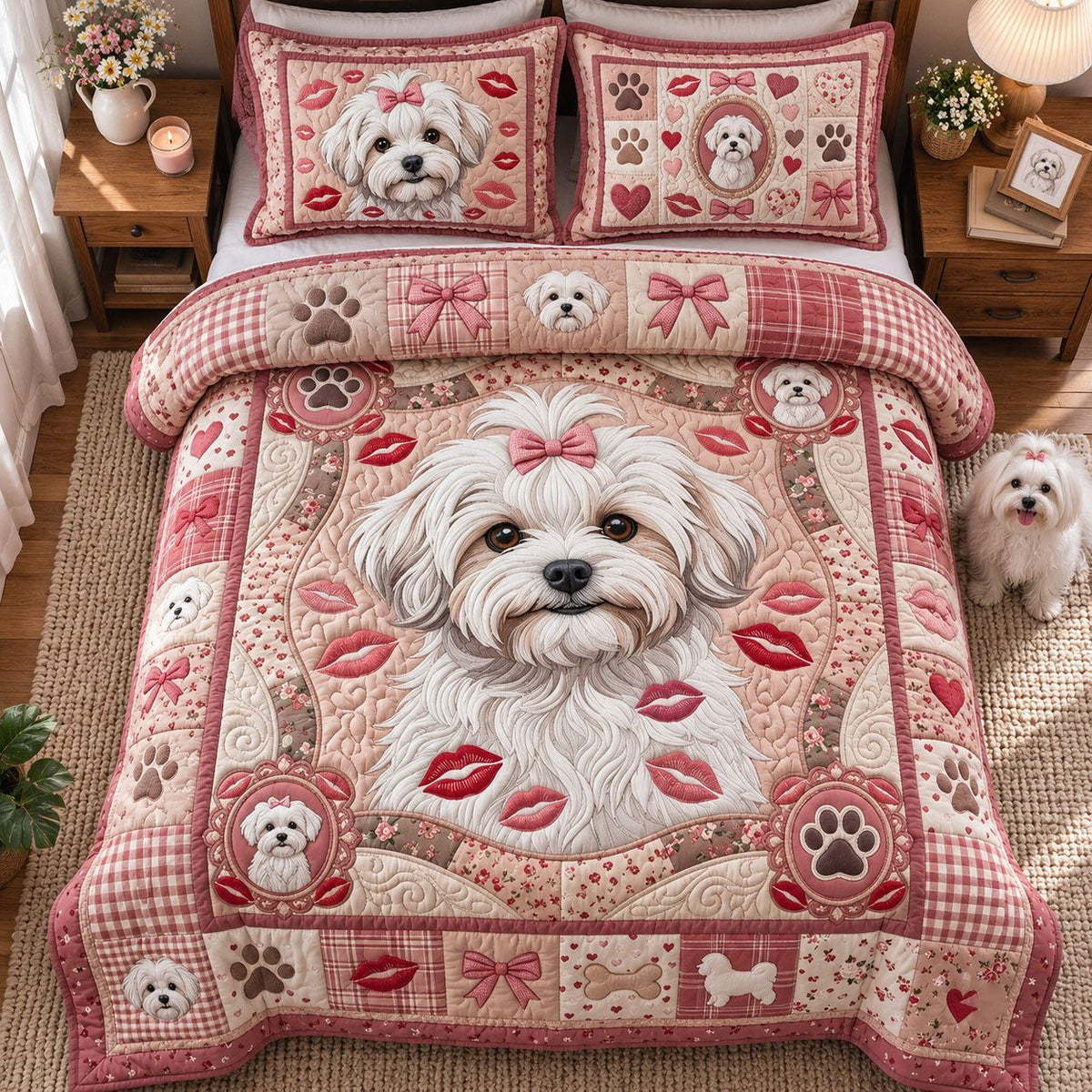 Loved Maltese quilted 3-piece bedding set on a made bed with two matching pillow shams