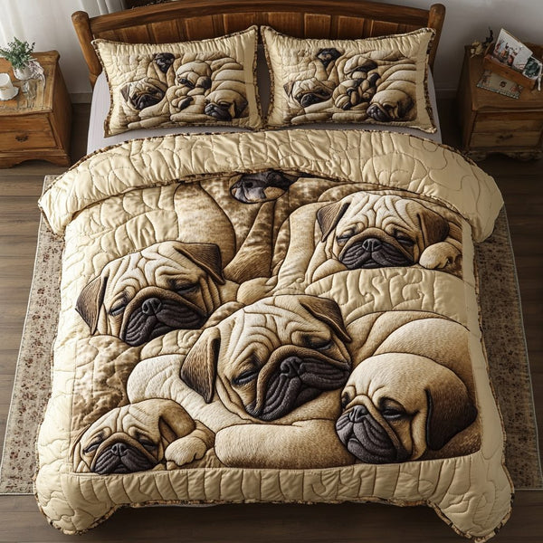 Lovely Pug quilted 3-piece bedding set on a made bed with two matching pillow shams