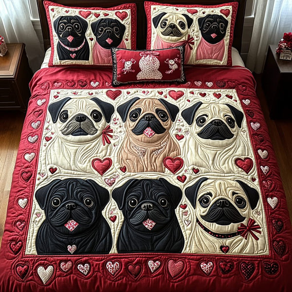 Lovely Pug quilted 3-piece bedding set on a made bed with two matching pillow shams