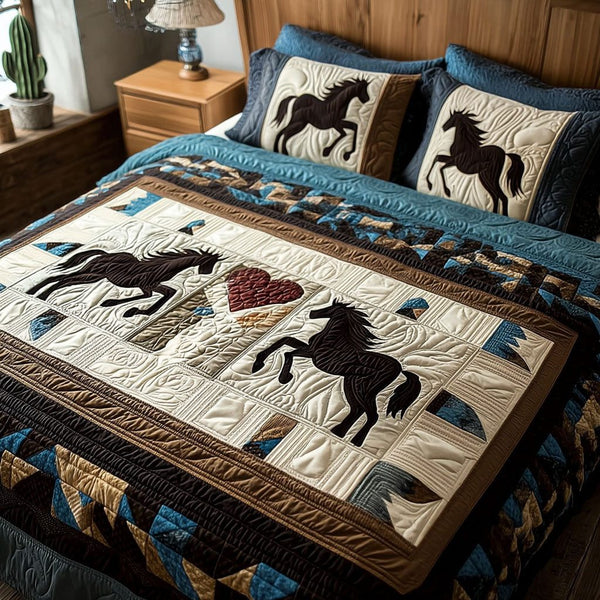 Lovers of the Land quilted 3-piece bedding set on a made bed with two matching pillow shams