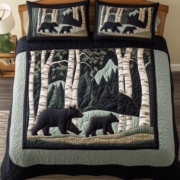 Loving Bear quilted 3-piece bedding set on a made bed with two matching pillow shams