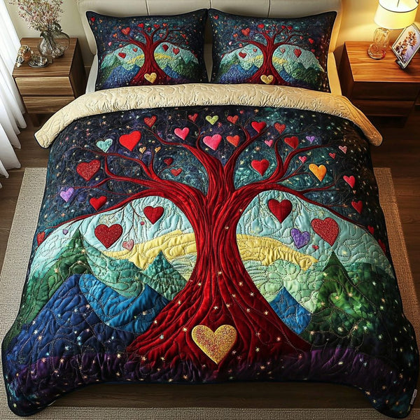 Loving Branches quilted 3-piece bedding set on a made bed in a rustic timber bedroom