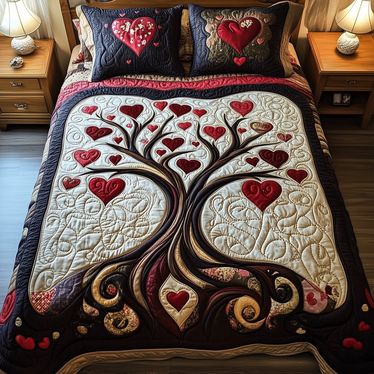 Loving Branches quilted 3-piece bedding set on a made bed in a rustic timber bedroom