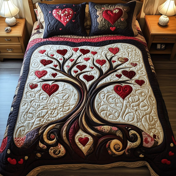 Loving Branches quilted 3-piece bedding set on a made bed in a rustic timber bedroom