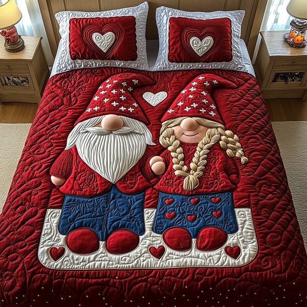 Loving Gnome quilted 3-piece bedding set on a made bed in a winter-styled bedroom