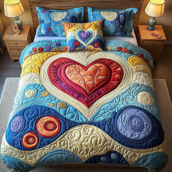 Loving Harmony quilted 3-piece bedding set on a made bed with two matching pillow shams