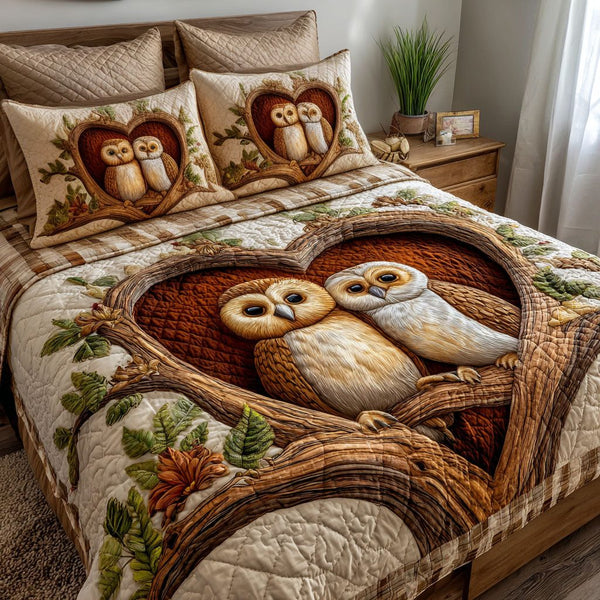 Loving Harmony quilted 3-piece bedding set on a made bed with two matching pillow shams