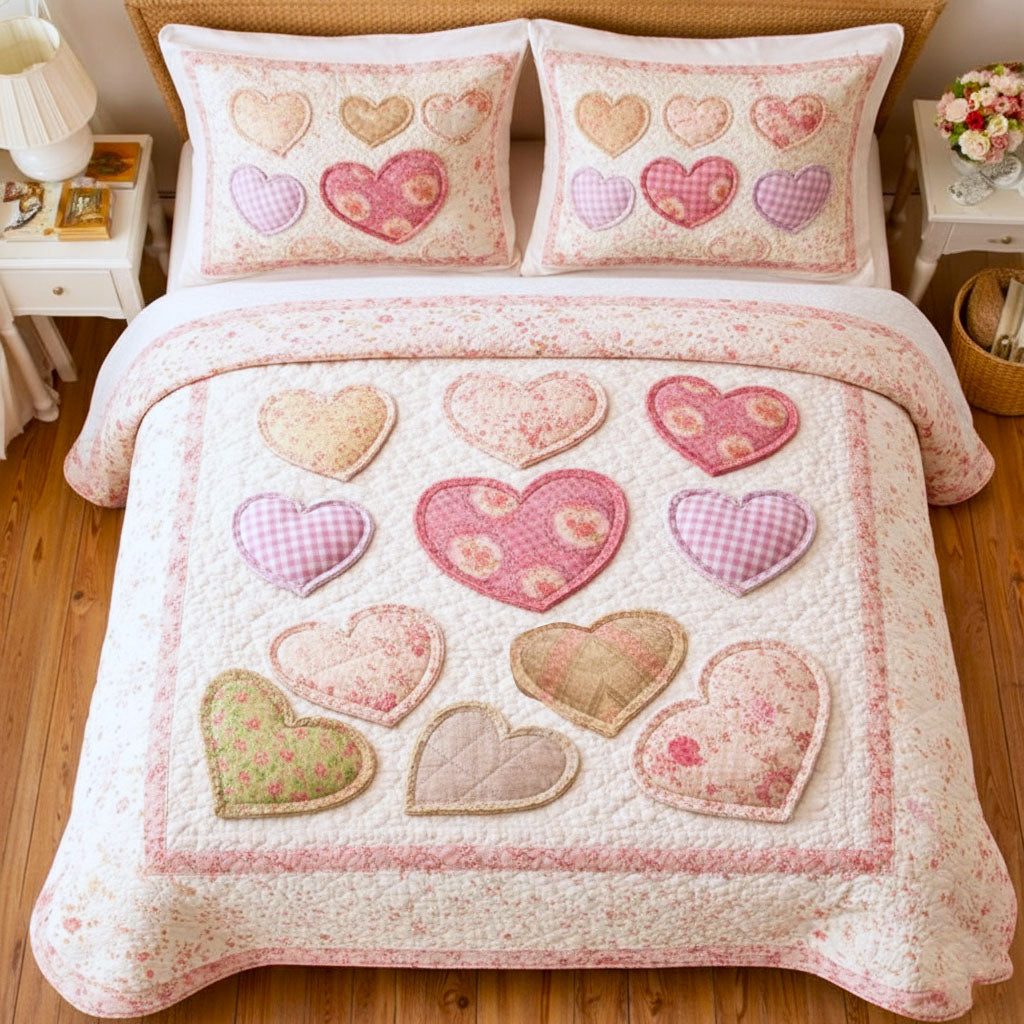 Loving Hearts quilted 3-piece bedding set on a made bed with two matching pillow shams