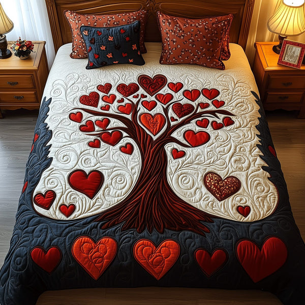 Loving Tree Harmony quilted 3-piece bedding set on a made bed with two matching pillow shams