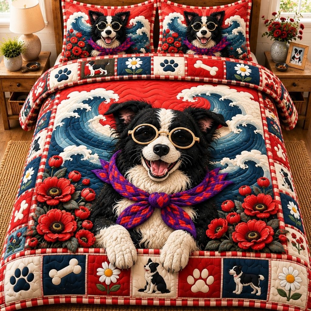 Loyal Border Collie quilted 3-piece bedding set on a made bed with two matching pillow shams