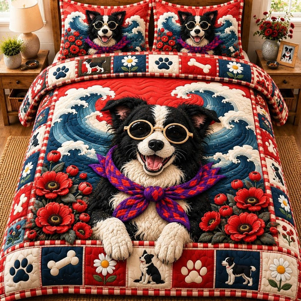 Loyal Border Collie quilted 3-piece bedding set on a made bed with two matching pillow shams