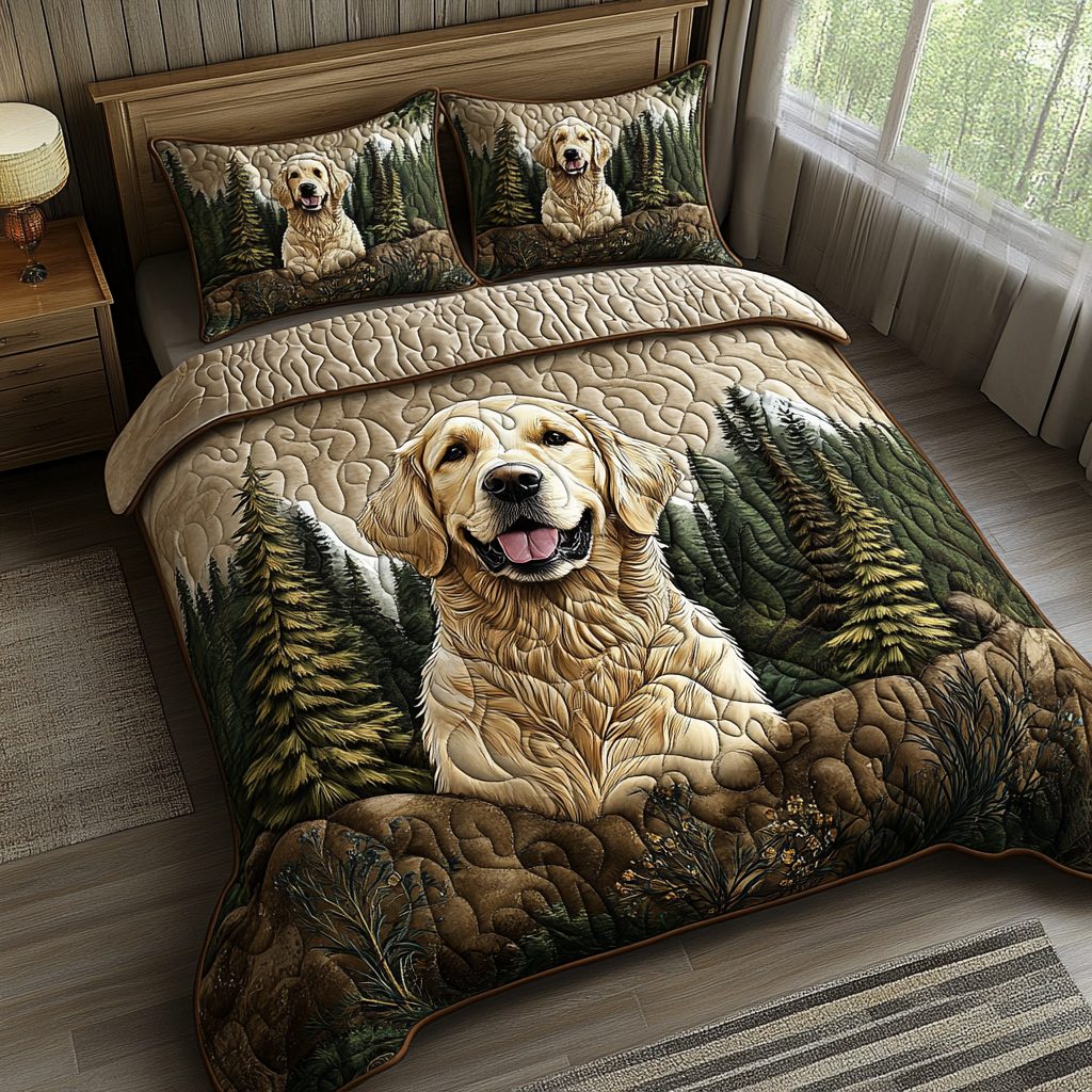 Loyal Golden quilted 3-piece bedding set on a made bed with two matching pillow shams