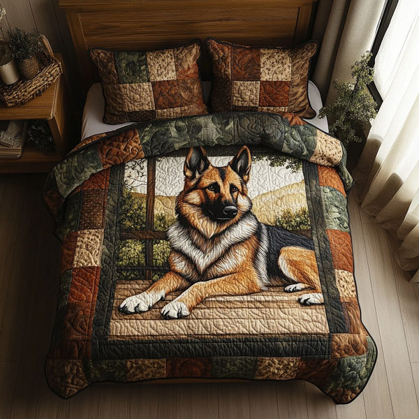 Loyal Guardian quilted 3-piece bedding set on a made bed with two matching pillow shams
