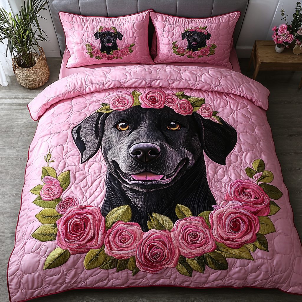 Loyal Labrador quilted 3-piece bedding set on a made bed with two matching pillow shams