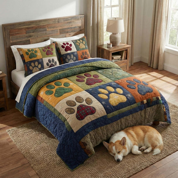 Loyal Steps quilted 3-piece bedding set on a made bed with two matching pillow shams