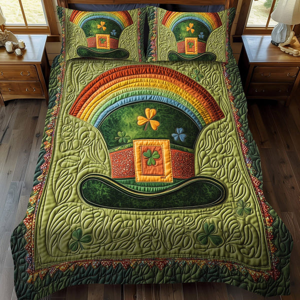 Luck of the Irish quilted 3-piece bedding set on a made bed with two matching pillow shams