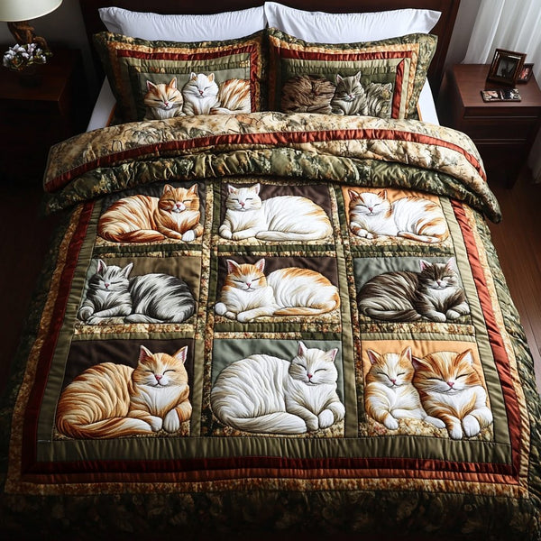 Lucky Cat quilted 3-piece bedding set on a made bed with two matching pillow shams
