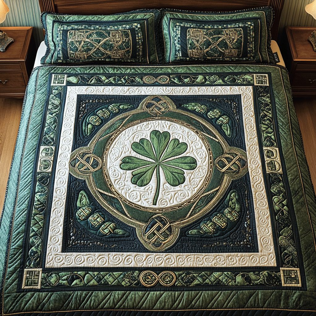 Lucky Clover Haven quilted 3-piece bedding set on a made bed with two matching pillow shams
