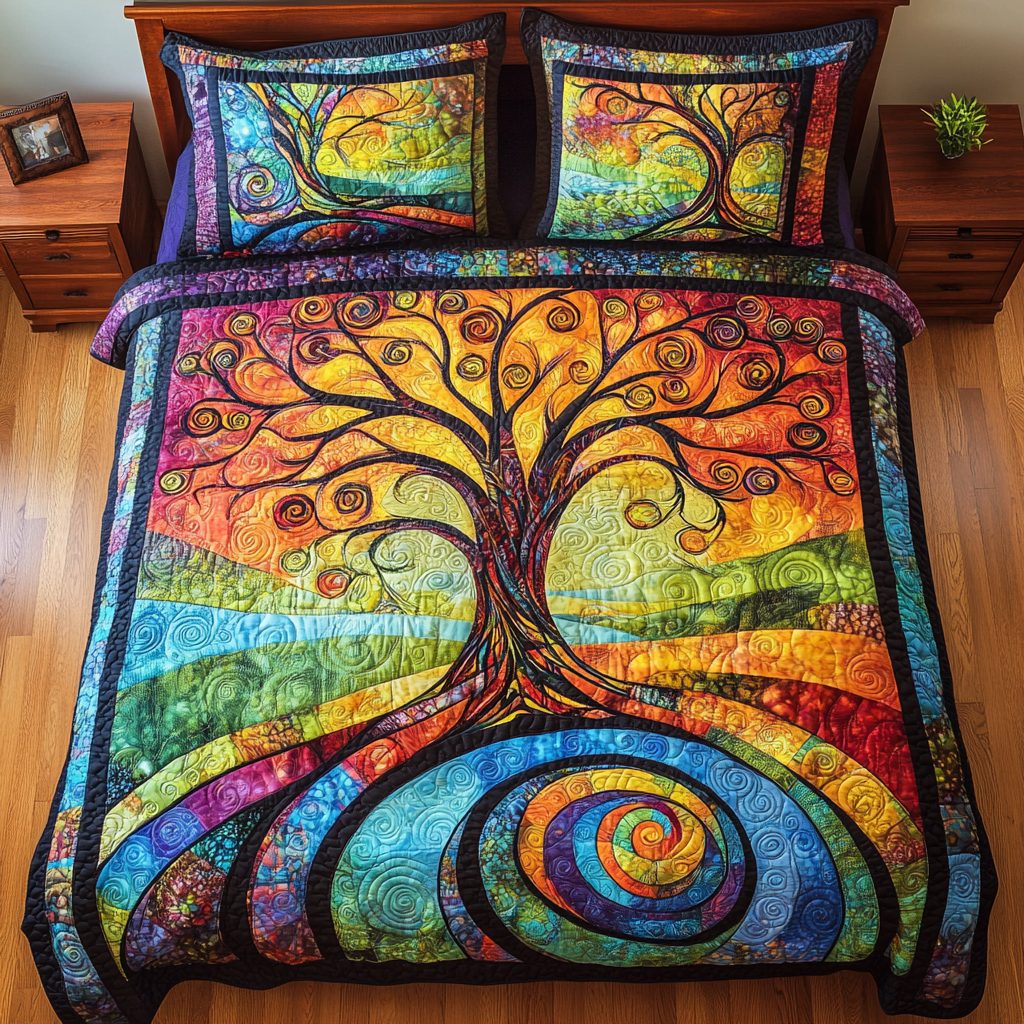 Lucky Clover Haven quilted 3-piece bedding set on a made bed with two matching pillow shams