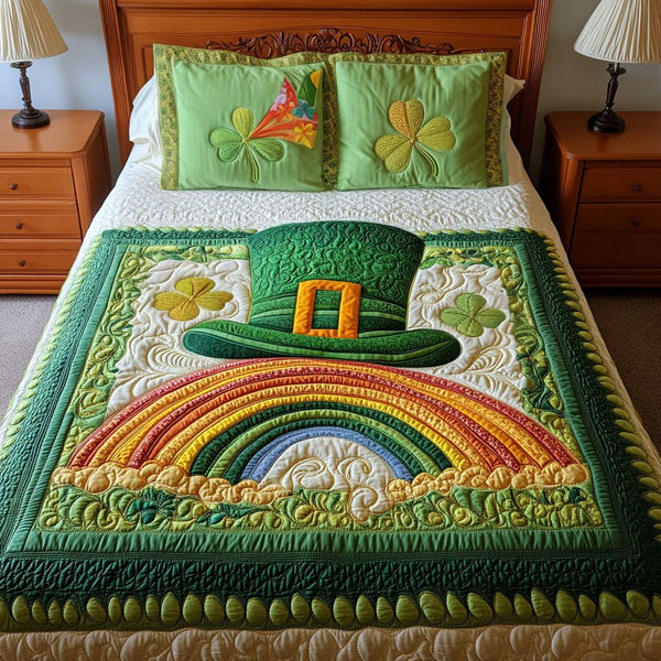 Lucky Clover quilted 3-piece bedding set on a made bed with two matching pillow shams