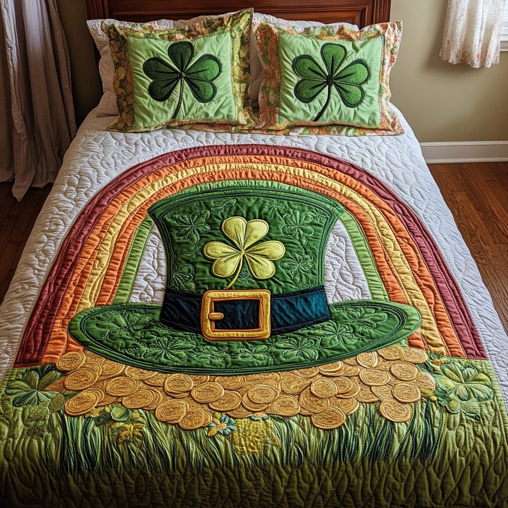 Lucky Clover Rainbow quilted 3-piece bedding set on a made bed with two matching pillow shams