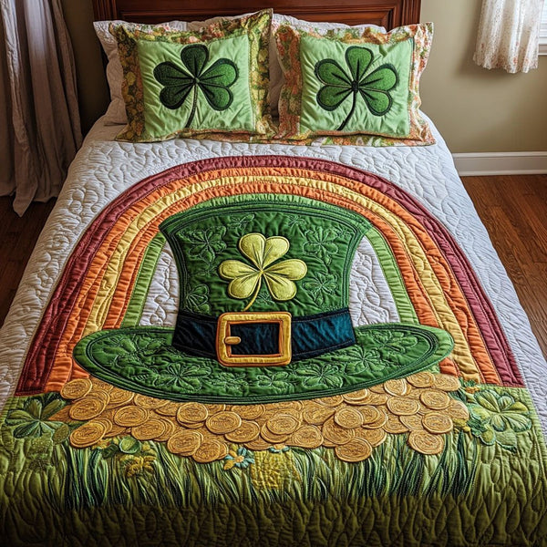 Lucky Clover Rainbow quilted 3-piece bedding set on a made bed with two matching pillow shams
