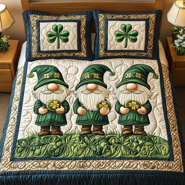 Lucky Gnome Haven quilted 3-piece bedding set on a made bed in a winter-styled bedroom